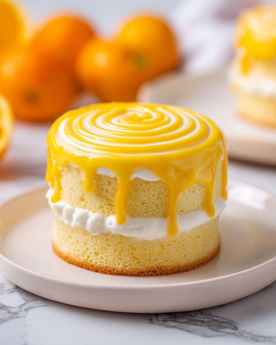 The image shows a slice of cake with two layers of light-colored sponge inside. On top of the cake is a thick, smooth, bright yellow glaze that is swirled in a spiral pattern. The glaze also drips slightly down the sides of the cake. In the background, blurred orange fruits sit on a white marbled surface. A woman's hand is gently touching the edge of the cake. The picture is clear and bright, making the cake look fresh and delicious. photo taken with an iphone --ar 4:5 --v 7
