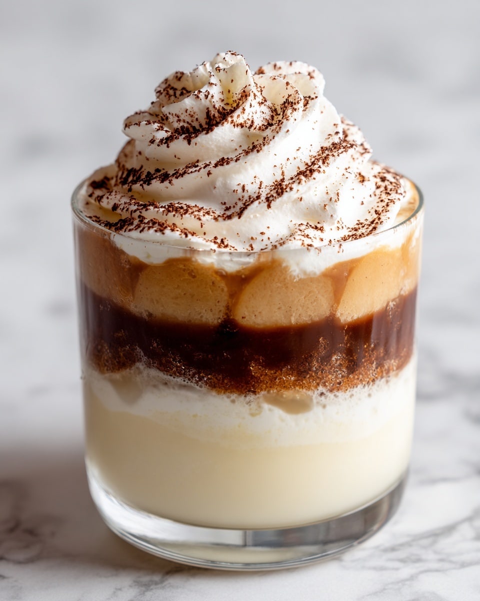 The image shows a clear glass cup with a layered dessert. Starting from the bottom, there is a creamy light beige layer topped with soft brown ladyfinger pieces soaked in coffee. Above that is another smooth light beige cream layer, then another layer of coffee-soaked ladyfingers with dark coffee spots, followed by a thick creamy layer. On top, there is a swirl of white whipped cream sprinkled with cocoa powder, giving a textured look. The whole glass is set on a white marbled surface with soft warm light in the background. Photo taken with an iphone --ar 4:5 --v 7