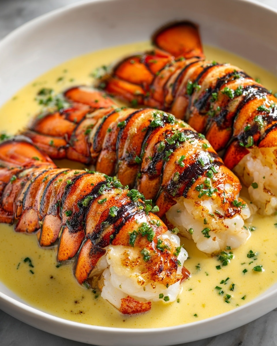 A white plate holds four lobster tails arranged closely, each with a bright orange shell cracked open to reveal the soft, white lobster meat inside. The lobster meat is covered with a smooth, yellow butter sauce that has a glossy texture and is sprinkled with small pieces of green herbs. The sauce pools slightly around the bottom of the tails, enhancing their rich colors against a white marbled surface background. photo taken with an iphone --ar 4:5 --v 7