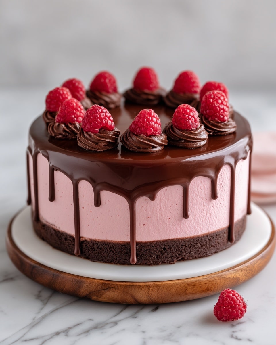 A round cake with three visible layers: the bottom layer is a dark brown, moist chocolate crust; the middle layer is a smooth, thick, pink mousse-like filling; the top layer is a shiny, deep red glaze covering the entire surface. Around the edge of the top are dark chocolate cream swirls, evenly spaced, each topped with a fresh, bright red raspberry. Dark chocolate drips down the sides from the top, creating an elegant dripping effect over the pink middle layer. The cake sits on a white plate placed on a wooden board, with a white marbled texture surface underneath, and a single raspberry lies beside the plate. Photo taken with an iphone --ar 4:5 --v 7