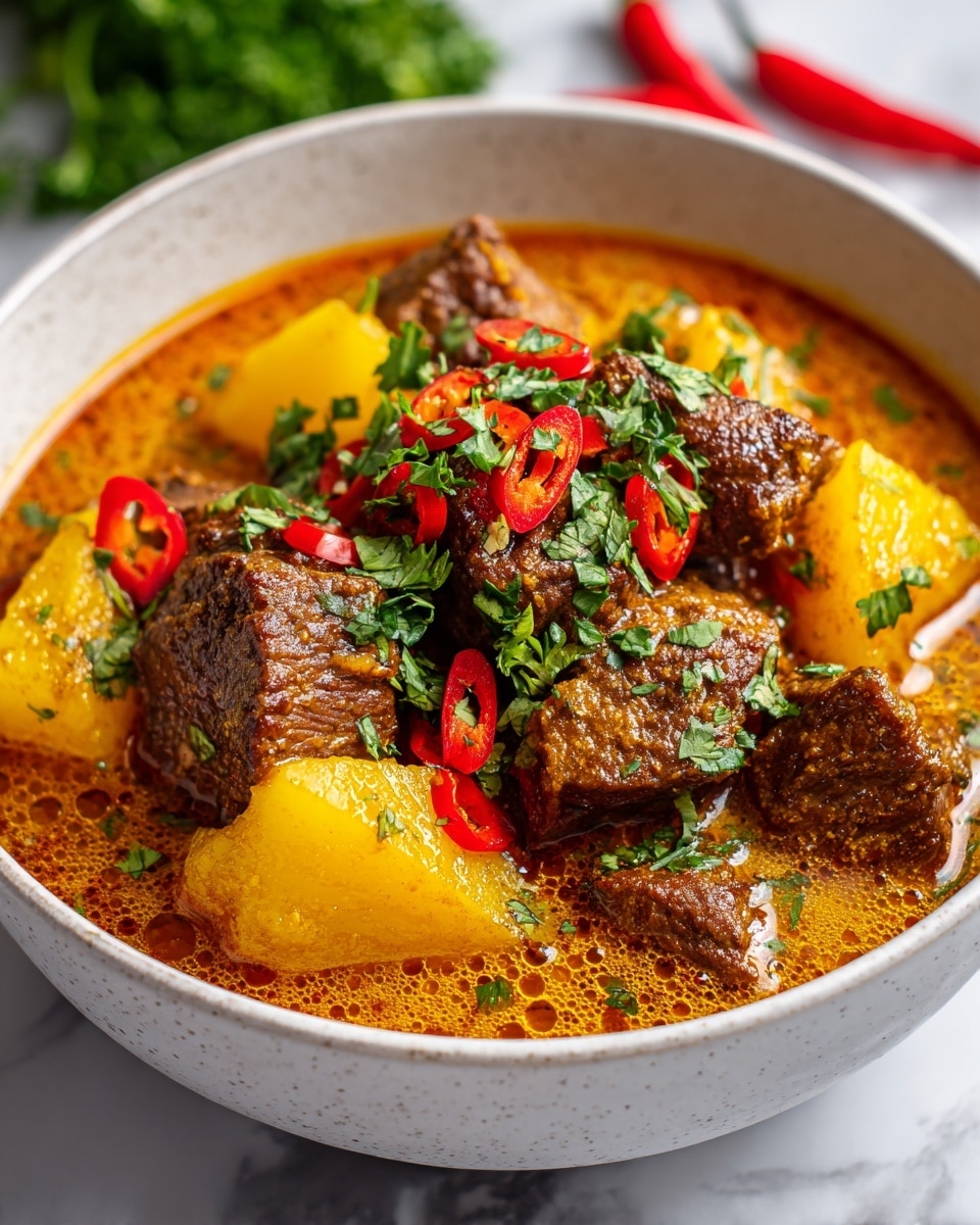 A dark speckled bowl holds a thick stew with several layers: the base layer is a rich, orange-brown broth with visible oil drops, filling most of the bowl; scattered on top are large, yellow potato chunks with a soft texture, tender dark brown beef pieces with a slightly crispy outer layer, and thin slices of cooked onions; fresh green cilantro leaves and small bright red chili pieces are sprinkled generously, adding a fresh and spicy touch. The bowl sits on a white marbled surface, with some green herbs blurred in the background. Photo taken with an iphone --ar 4:5 --v 7