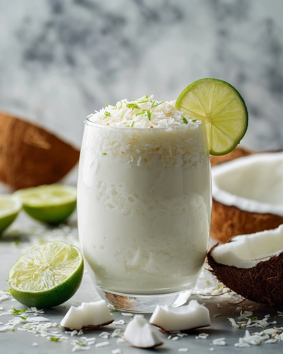 A clear glass filled with a thick, white, creamy coconut drink topped with small white coconut flakes, garnished with a fresh green lime slice on the rim; around the glass are several pieces of white coconut meat with dark brown shells, some coconut flakes scattered, and a whole green lime, all set on a surface with a white marbled texture. photo taken with an iphone --ar 4:5 --v 7