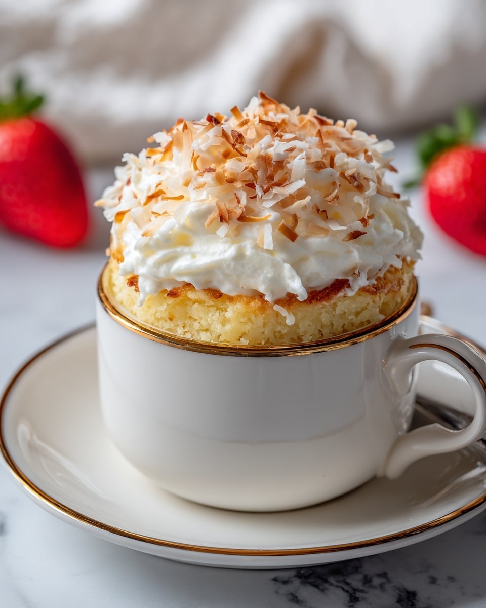 A white cup with a gold rim filled with three layers: the bottom layer is a light golden soft cake, the middle layer is thick white whipped cream with a fluffy texture, and the top layer is toasted coconut flakes in creamy white and light brown hues spread evenly. The cup sits on a matching white saucer on a white marbled surface, with a red strawberry blurred in the background and a white cloth partially seen nearby. photo taken with an iphone --ar 4:5 --v 7