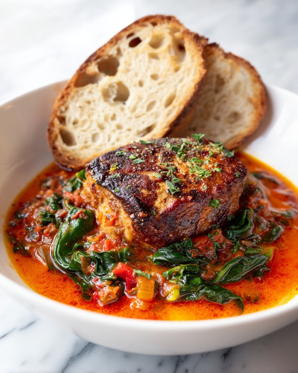 A white bowl holds a rich dish starting with a base of chunky red tomato sauce mixed with cooked spinach, forming the bottom layer. On top sits a thick, golden-brown patty with a slightly crispy texture, covered with melted orange cheddar cheese that drips down the sides. To the side, two slices of lightly toasted golden bread with a soft crumb lean against the patty. The dish is presented on a white marbled surface. Photo taken with an iphone --ar 4:5 --v 7