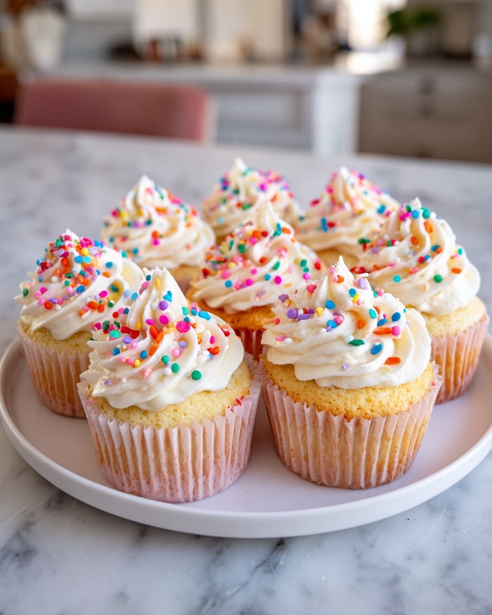The image shows a group of yellow cupcakes arranged on a white plate resting on a white marbled surface. Each cupcake has one layer of soft yellow cake at the bottom, crowned with a thick swirl of smooth, creamy white frosting. The frosting is decorated with small, round, colorful sprinkles in red, blue, green, orange, pink, yellow, and white, adding a vibrant contrast. The background shows a blurred kitchen with a stove and oven. photo taken with an iphone --ar 4:5 --v 7