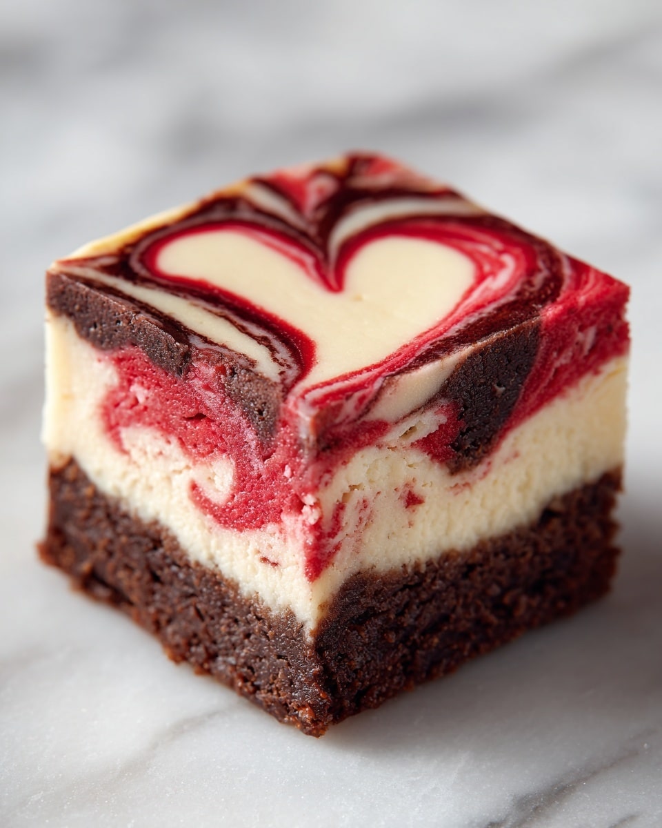 A heart-shaped brownie with three clear layers is shown on a white marbled texture. The bottom layer is dark brown, thick, and fudgy with a slightly crumbly edge. The middle layer is cream-colored, smooth, and thick, resembling cheesecake. The top layer swirls a mix of bright red and creamy white in a marbled pattern, with the red forming heart-like shapes embedded in the white. The edges of the brownie show some cracks and texture from baking, adding a homemade feel. Photo taken with an iphone --ar 4:5 --v 7
