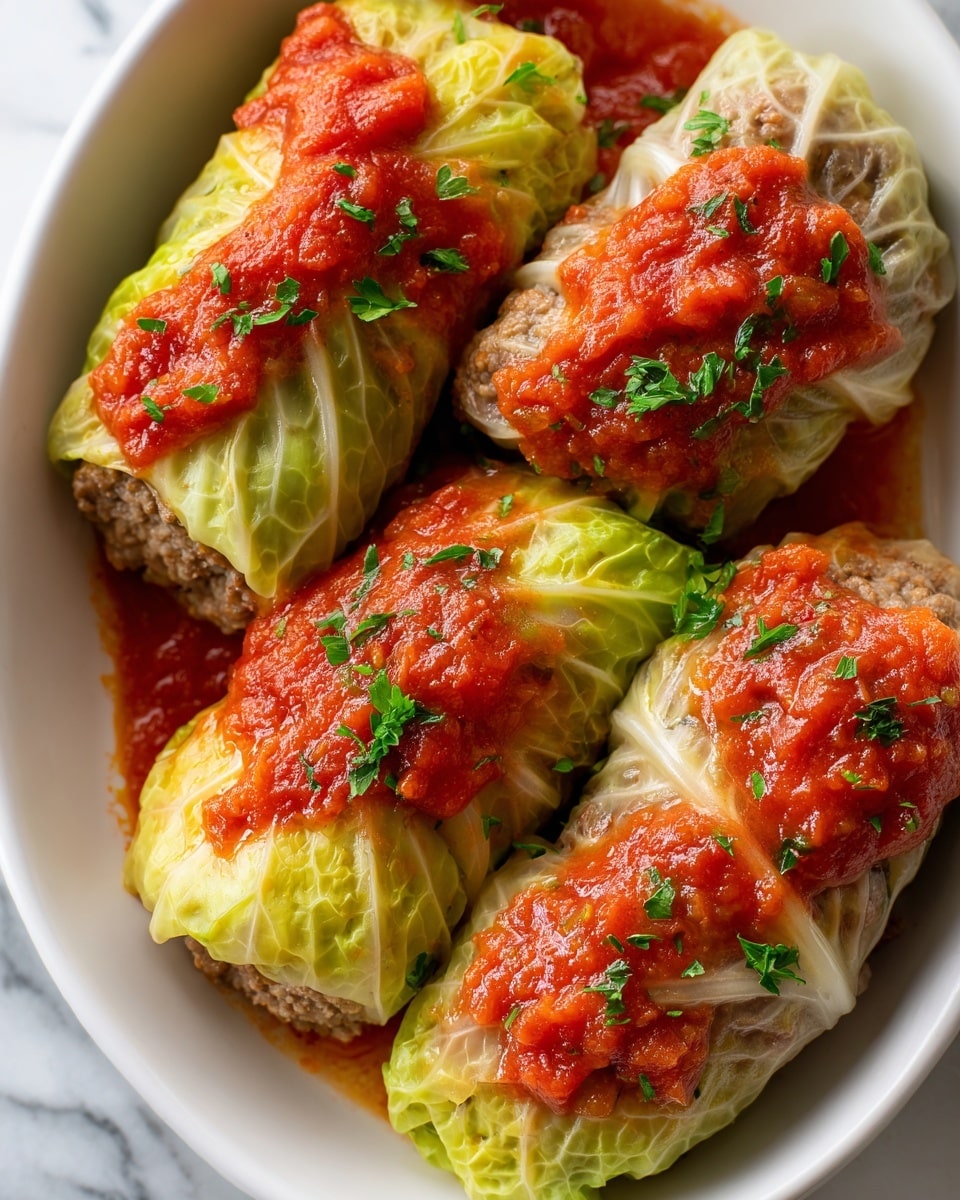 The image shows four cabbage rolls lined up on a white plate, each roll stuffed with a mix of ground meat and rice visible in the open ends. The cabbage leaves are light green and slightly translucent, wrapping tightly around the filling. The rolls are covered in a bright red tomato sauce that looks thick and chunky, with bits of tomato and herbs. Small pieces of chopped fresh green herbs are sprinkled on top, adding a fresh touch. The plate sits on a white marbled surface. photo taken with an iphone --ar 4:5 --v 7