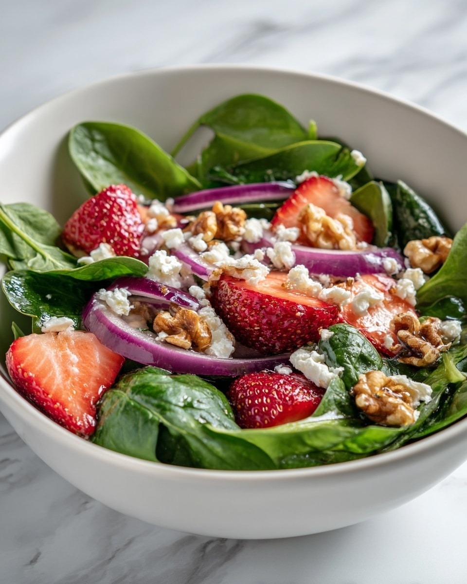 A white bowl shows a fresh spinach salad with several layers: a base layer of dark green spinach leaves, a middle layer of red grape slices and purple onion rings, and a top layer of bright red strawberry slices, white crumbled cheese, and light brown walnut pieces scattered evenly. The colors stand out against the white bowl, all placed on a white marbled surface. photo taken with an iphone --ar 4:5 --v 7