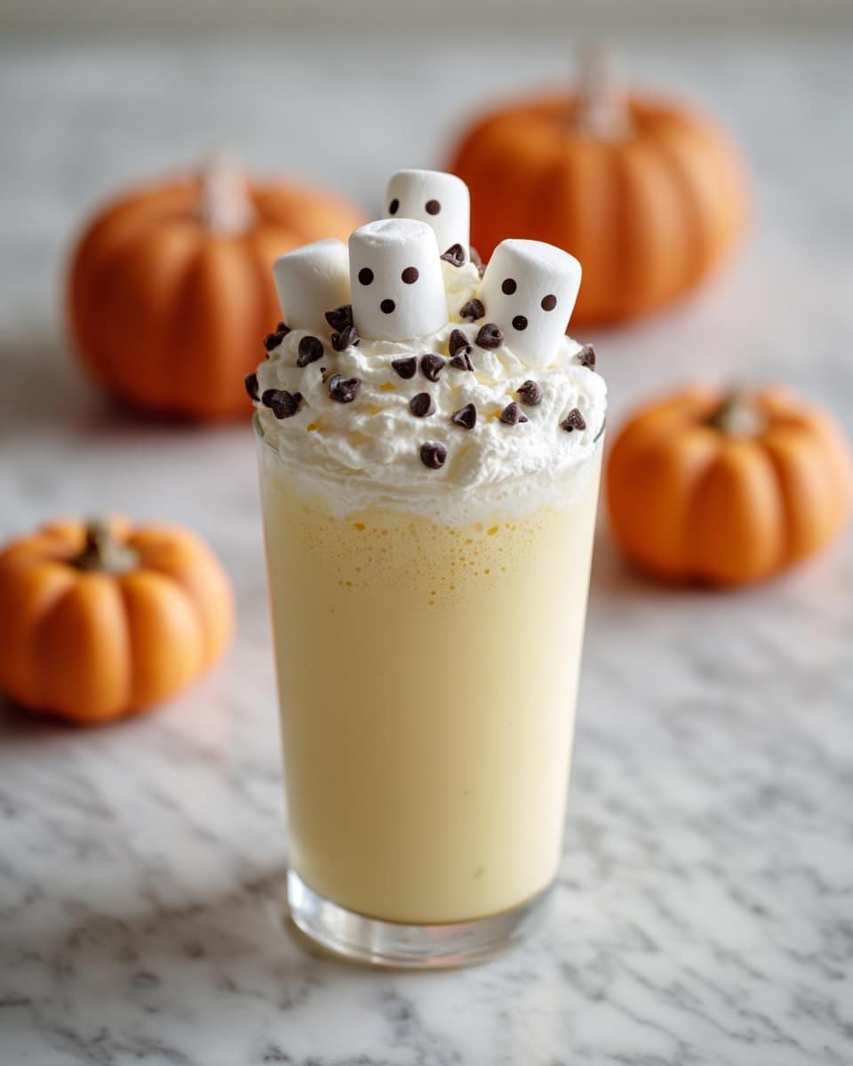 A clear tall glass is filled with a creamy pale beige drink, topped with a thick layer of small white marshmallows, sprinkled with tiny dark chocolate bits, and finished with four cute white ghost-shaped marshmallows sitting on top. The glass is placed on a wooden surface with two small orange pumpkins blurred in the white marbled background. The overall look is festive and cozy. photo taken with an iphone --ar 4:5 --v 7