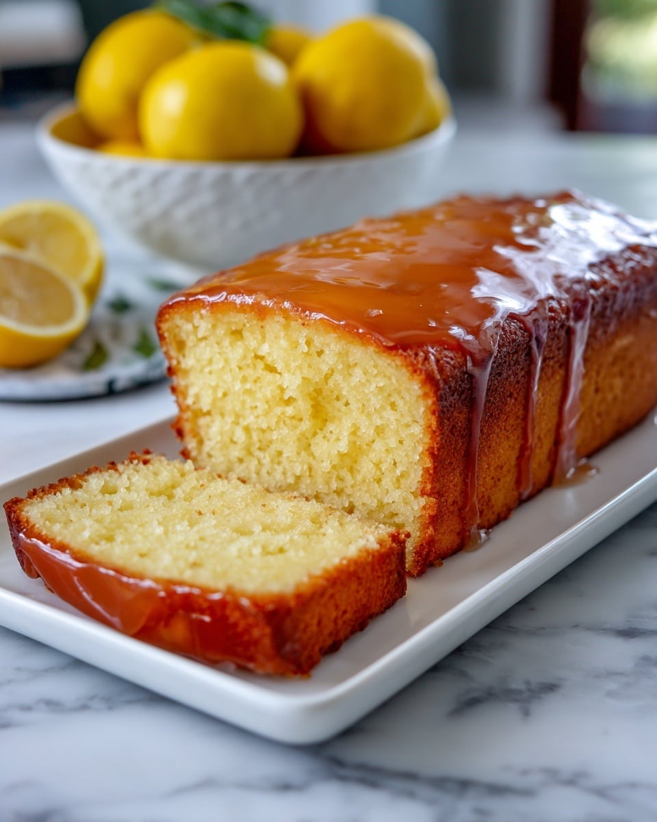 The image shows a rectangular lemon loaf cake with a shiny glaze on top, giving it a slightly glossy texture. The cake has one thick slice cut and partially pulled away on the right side, revealing a soft, yellow inside with a fine, even crumb. The loaf rests on a white rectangular plate with a raised edge, placed on a white marbled surface. In the background, there is a blurred glass bowl filled with bright yellow lemons. The photo taken with an iphone --ar 4:5 --v 7