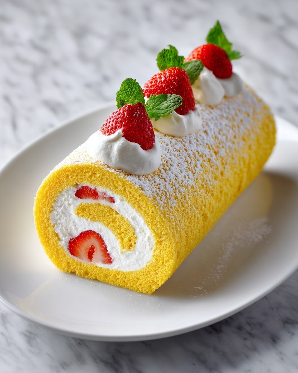 A soft yellow Swiss roll cake with a smooth, light texture is shown on a white plate. The cake is rolled with a thick layer of white cream inside, forming a spiral shape. The outside of the roll is dusted lightly with powdered sugar. On top, several spots of whipped cream sit evenly spaced, each topped with a fresh red strawberry and a small green mint leaf. The background features a white marbled surface with a blurred view of a gold fork and spoon nearby. Photo taken with an iphone --ar 4:5 --v 7