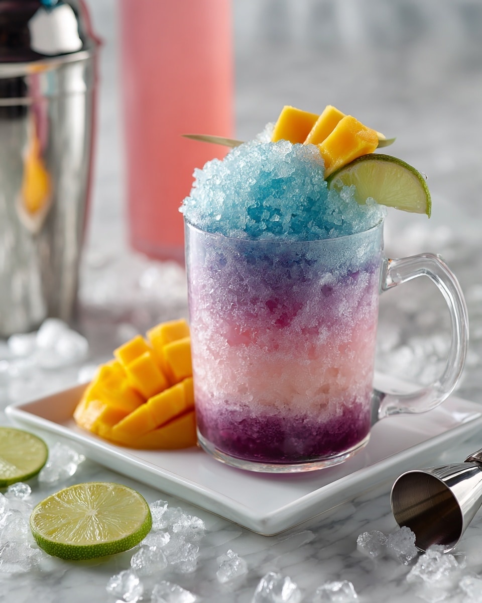 A clear glass mug filled with a layered drink featuring crushed ice that transitions from a soft pink at the bottom to a deep purple at the top, creating a smooth gradient effect. On the rim of the glass, there is a slice of lime on the left and a small skewer with yellow mango pieces placed at the back. The mug sits on a white square plate surrounded by mango slices and lime wedges scattered on a white marbled surface. In the background, a blurred silver cocktail shaker and a tall pink bottle provide a soft contrast. Photo taken with an iphone --ar 4:5 --v 7