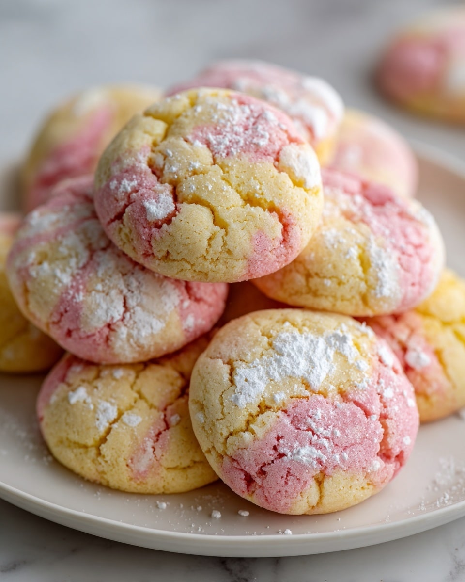 The image shows a pile of round cookies with a marbled pattern, featuring two main layers: soft yellow and light pink, swirled together to create a patchy, cloud-like effect. Each cookie is slightly cracked on top, with a light dusting of white powdered sugar adding a frosty texture. The cookies sit on a smooth, white plate placed on a white marbled surface. The background is softly blurred, with more cookies visible, emphasizing the focus on the front pile. photo taken with an iphone --ar 4:5 --v 7