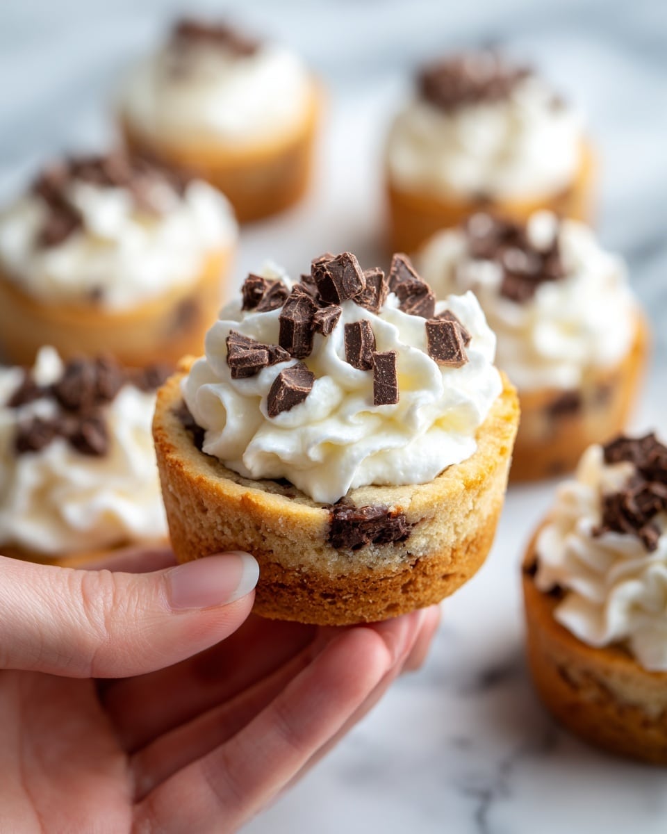 The image shows a tall cookie cup dessert with a thick, crumbly golden-brown base filled with smooth white cream that has small chocolate chunks mixed in. The cookie cup looks soft and moist with uneven textured bits on the outside, while the creamy filling is glossy and silky. In the background, multiple similar cookie cups can be seen out of focus on a white marbled surface, highlighting the main cup in sharp detail. The overall color contrast between the warm brown cookie and cool white cream makes the dessert look rich and inviting. photo taken with an iphone --ar 4:5 --v 7