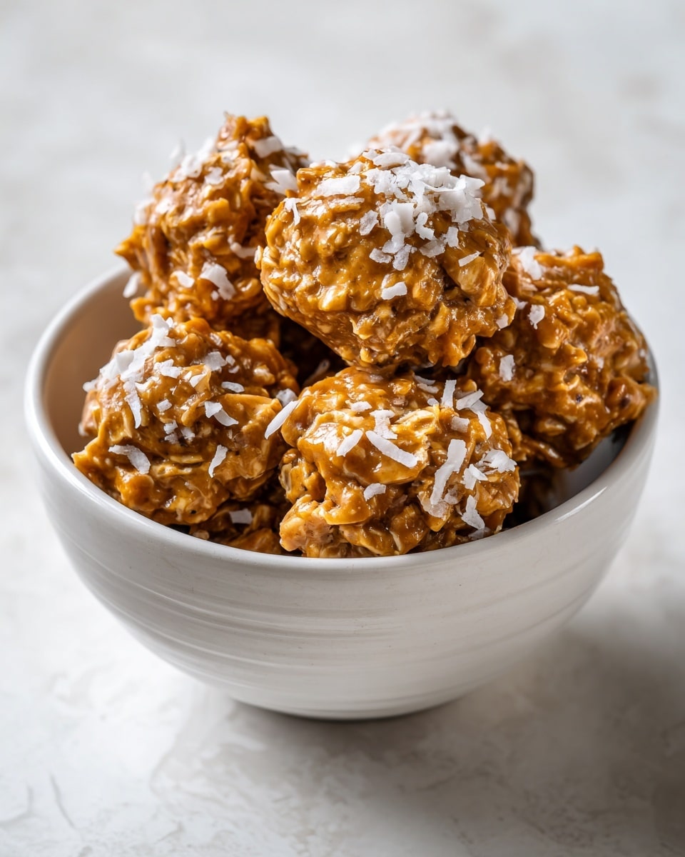 A white bowl filled with several uneven, rough textured clusters of a sticky, caramel-colored mixture with small visible bits of shredded white coconut spread throughout. The clusters are piled inside the bowl, showing a mix of smooth and coarse surfaces with a moist, chewy look. The background is a white marbled texture that contrasts softly with the bowl and its contents. photo taken with an iphone --ar 4:5 --v 7