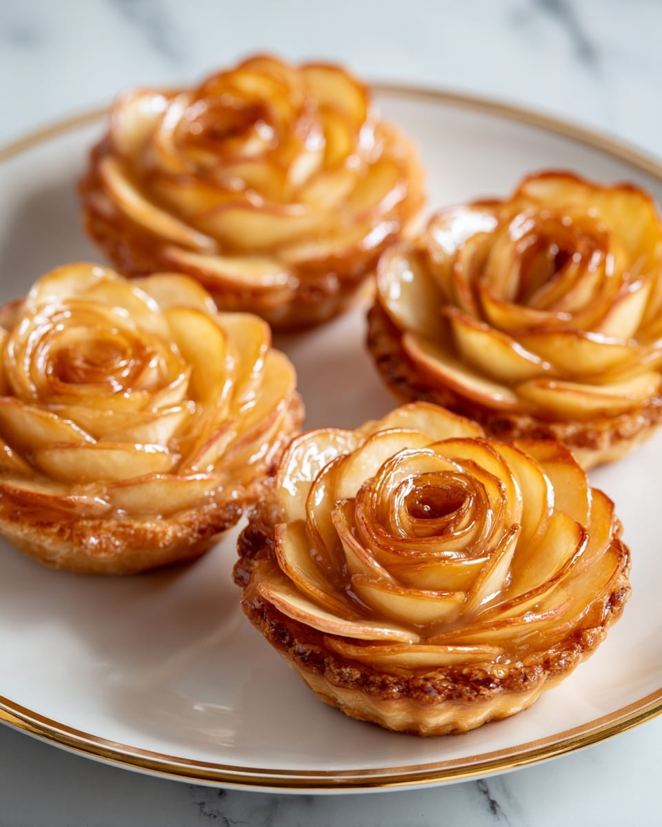 A close-up of four golden-brown rose-shaped pastries arranged on a white plate with a thin gold rim, sitting on a white marbled surface. Each pastry has multiple thin layers spiraled tightly like rose petals, with a glossy, caramelized glaze giving them a shiny finish. The outer layers are slightly darker with a crisp texture, while the inner layers are lighter and softer, showing delicate folds. A woman's hand holds the plate from the side, with a green, blurred natural background softly visible. photo taken with an iphone --ar 4:5 --v 7