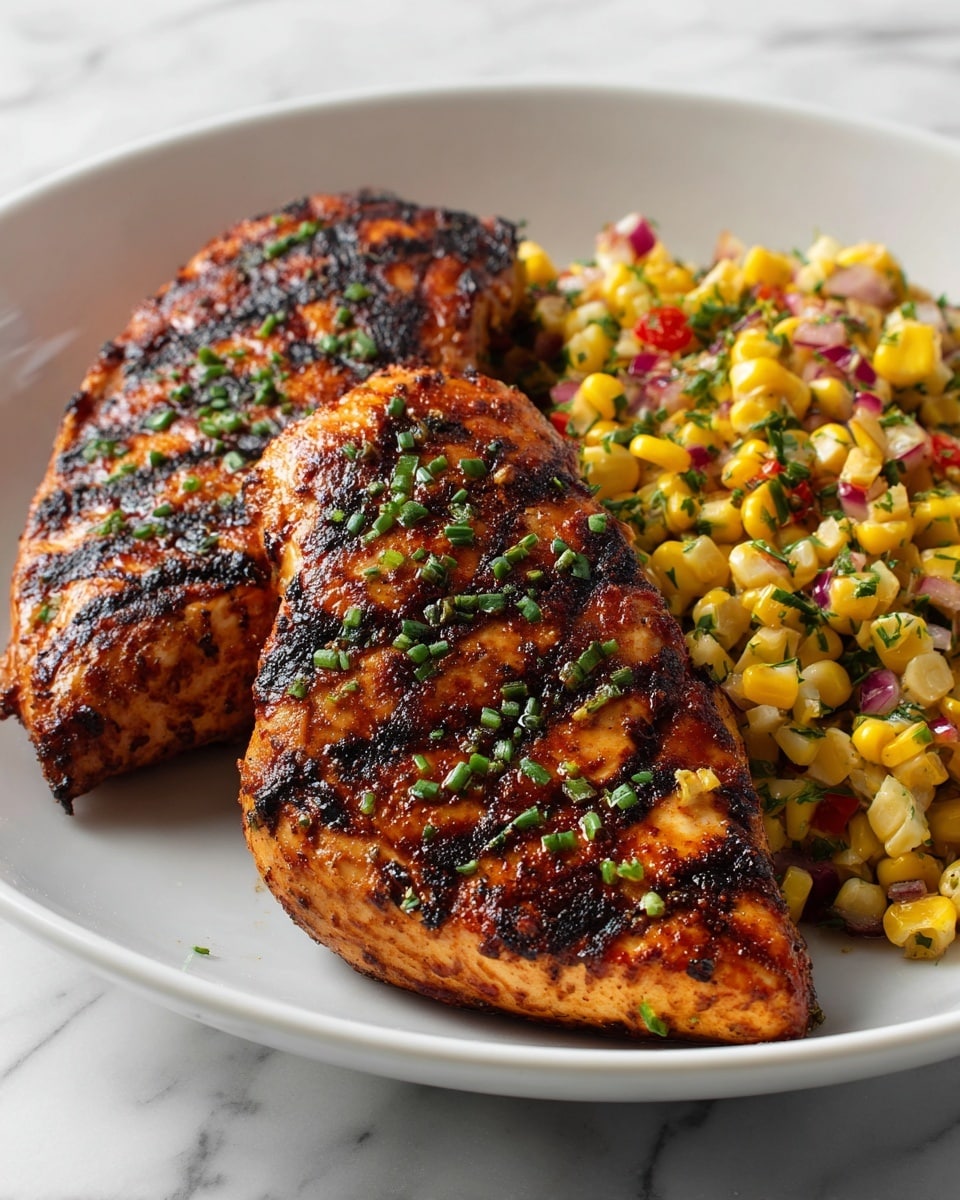 The image shows two thick grilled chicken breasts with dark, crispy grill marks on the top. The chicken has a reddish-brown color with a slightly charred texture and is sprinkled with green chopped herbs. Next to the chicken, there is a colorful corn salad with yellow corn kernels, small red bell pepper pieces, and some finely chopped red onion. The dish is placed on a white plate, resting on a white marbled surface. Photo taken with an iphone --ar 4:5 --v 7