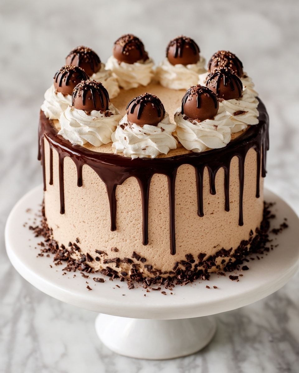 A three-layer round chocolate cake covered in smooth, light brown chocolate frosting sits on a white cake stand against a white marbled texture background. Dark chocolate ganache drips down from the glossy top edge evenly, creating long drips around the cake. On top, there are ten evenly spaced swirls of white whipped cream, each topped with a half chocolate truffle covered in dark chocolate drizzle. Around the base of the cake, small dark chocolate shavings form a neat border. photo taken with an iphone --ar 4:5 --v 7