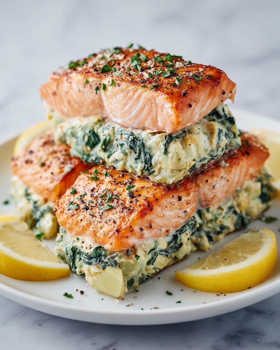 The image shows three stuffed salmon fillets placed on a white plate, each fillet consisting of a bottom layer of creamy spinach and artichoke mix that looks soft and chunky with green and pale yellow colors. On top of this mixture is a thick salmon fillet with a shiny, slightly crispy surface, cooked to a light orange-pink finished with dark green herbs and black pepper sprinkled over it. Around the fillets, there are wedges of bright yellow lemon, adding a fresh color contrast. The plate sits on a white marbled surface that adds a clean, smooth background to the dish. photo taken with an iphone --ar 4:5 --v 7