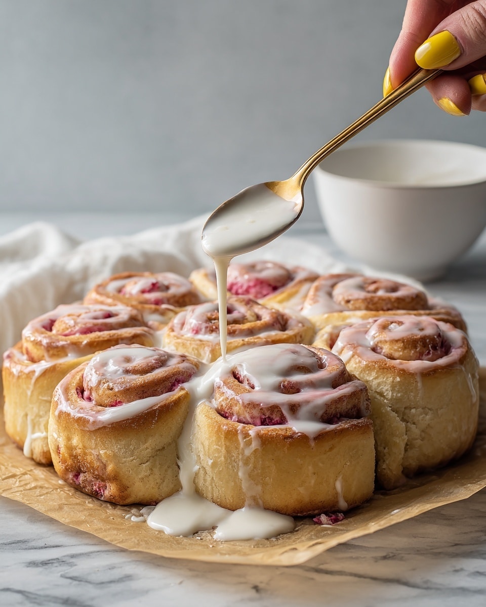 The image shows a circle of golden-brown rolls with pink berry filling swirled inside each piece, placed on white parchment over a white marbled surface. A woman's hand with yellow nail polish holds a silver spoon above the rolls, pouring creamy white icing in a thick stream onto the rolls closest to the front. The rolls have a soft, slightly shiny crust with visible layers of dough spiraling around the berry filling, which seeps out in spots creating bright pink pools on the parchment. In the background, a white bowl is out of focus, adding to the clean, bright setting. photo taken with an iphone --ar 4:5 --v 7