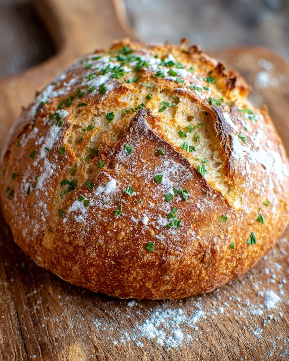 The image shows a round loaf of bread with a golden brown crust that is slightly cracked on top, revealing a soft inside. The surface has some green herbs baked into the crust, giving it a speckled appearance. A light dusting of white flour is spread unevenly across the top, adding texture. The bread is resting on a wooden cutting board, against a white marbled background. Photo taken with an iphone --ar 4:5 --v 7