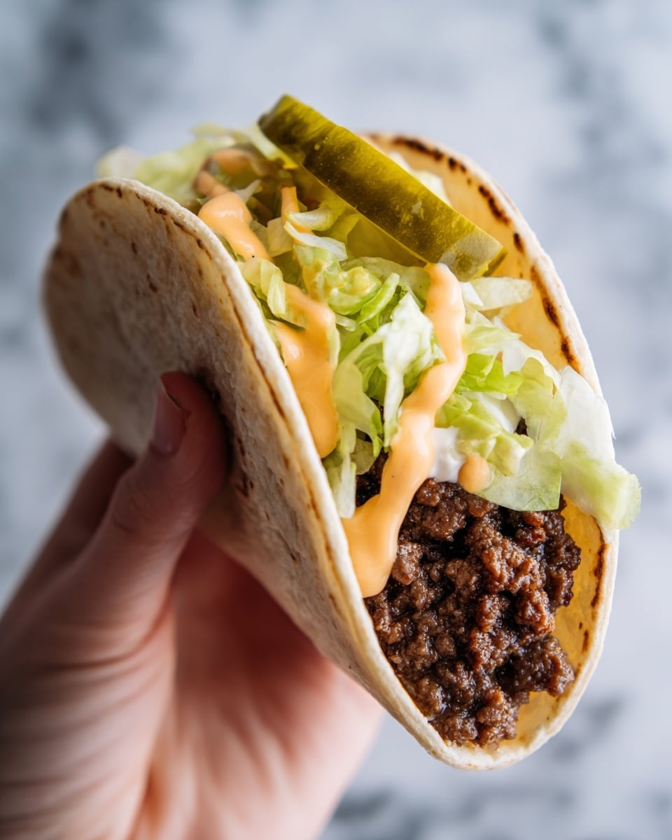 A close-up of a small taco held by a woman's hand, showing three main layers inside a soft, slightly charred tortilla: at the bottom, a layer of dark brown cooked ground beef with a coarse texture; in the middle, a smooth, creamy pale orange sauce mixed with some shredded light green lettuce; on top, a single large green pickle slice with ridges resting against the sauce. The taco is being held against a soft blurred background, with warm natural lighting highlighting the textures and colors of the ingredients. Photo taken with an iphone --ar 4:5 --v 7