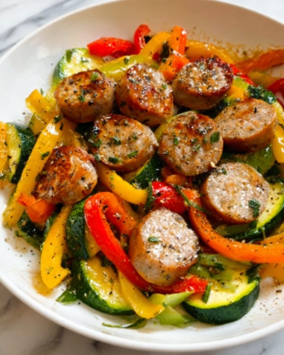 The image shows a white plate filled with a colorful sausage and vegetable stir-fry. The bottom layer consists of sautéed green, orange, and yellow bell pepper strips mixed with sliced zucchini, all glistening with a light oil. On top, there are round slices of browned sausage scattered evenly, with visible herbs and pepper sprinkled on them. The vegetables look tender and slightly shiny, creating a fresh, vibrant mix under the savory sausages. The plate is set on a white marbled surface. Photo taken with an iphone --ar 4:5 --v 7