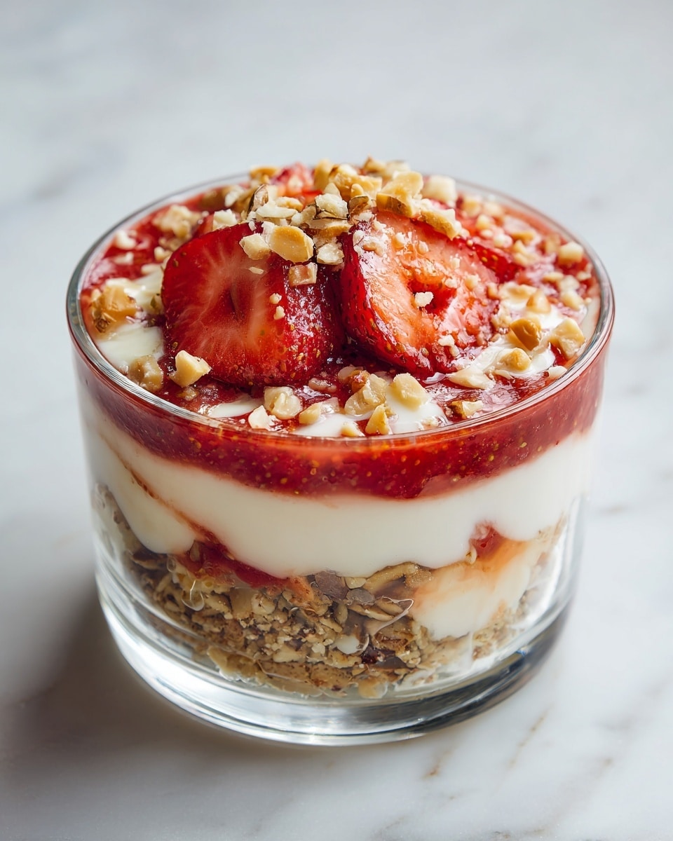 The image shows a layered trifle dessert in a clear glass bowl on a short pedestal, placed on a white marbled surface. The dessert has four main layers: the bottom layer is a coarse mixture of crushed nuts and granola with a brown texture, above it is a thick white creamy layer, followed by a thin bright red strawberry sauce spread evenly, and topped with another white creamy layer. The top layer is decorated with halved strawberries arranged around the edge and sprinkled with chopped pecans in the center, adding a mix of red, white, and brown colors in a neat pattern. photo taken with an iphone --ar 4:5 --v 7