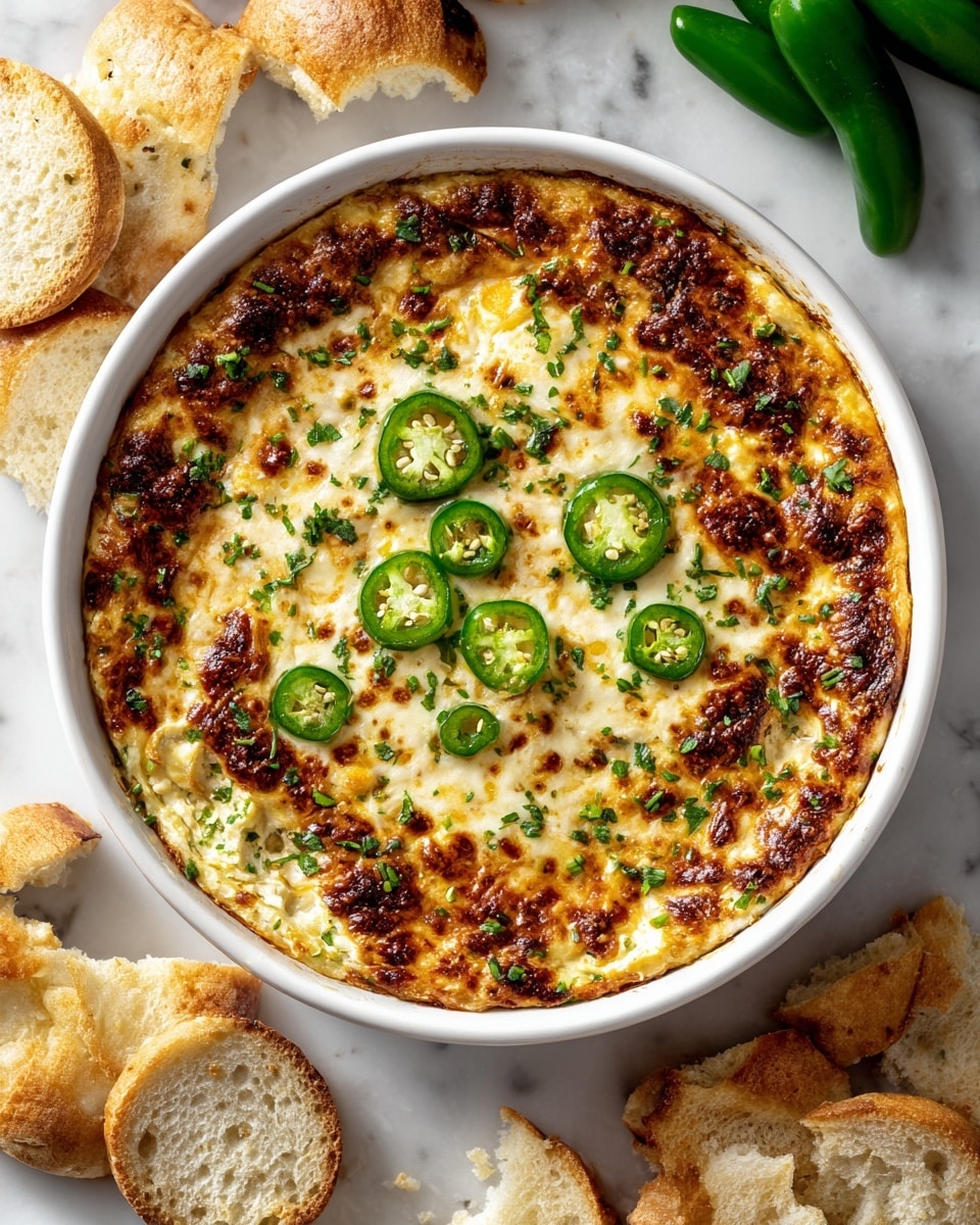 A round white ceramic baking dish holds a layered dip with a golden-brown melted cheese top layer, slightly bubbly and browned around the edges. On top, there are several thin slices of bright green jalapeño peppers scattered evenly, along with small chopped green herbs, adding texture and contrast. The layers beneath the cheese are not visible but likely creamy and dense. Around the dish are scattered pieces of light golden-brown flatbread and torn slices of crusty bread. The whole setup is on a white marbled surface with some green jalapeños in the background. photo taken with an iphone --ar 4:5 --v 7