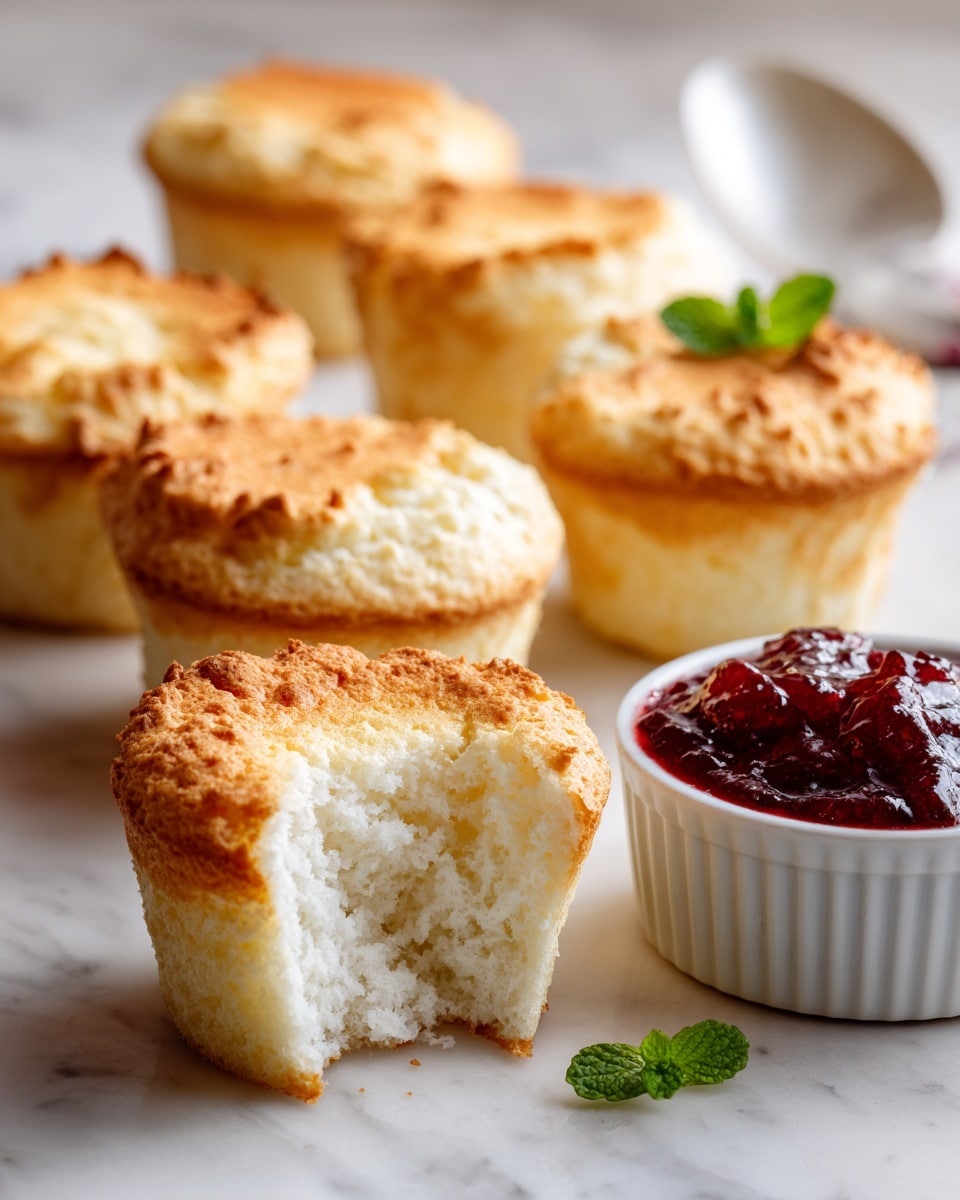The image shows several classic angel food cupcakes arranged on a white marbled surface. One cupcake in the front is broken open, revealing its light, fluffy white inside with a soft, airy texture. The cupcakes have a golden-brown slightly rough top crust, with a smooth, pale golden exterior on the sides. In the background, three whole cupcakes stand, showing the airy texture with uneven, natural tops. A small white bowl with a dark red sauce garnished with a green mint leaf is placed behind the cupcakes. The overall setting has a clean, bright look, and the cupcakes appear light and soft. photo taken with an iphone --ar 4:5 --v 7