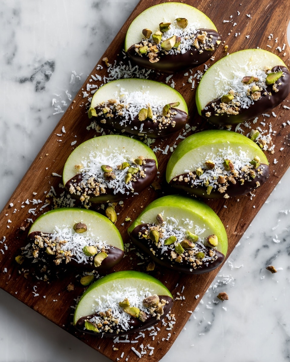 Seven round apple slices with light green skin are arranged on a wooden chopping board. Each slice is partially coated on one side with a thick layer of dark, glossy chocolate. On top of the chocolate are three layers of toppings: white shredded coconut, small light brown crumbled pieces, and small green seeds placed in the center. The board sits on a white marbled surface. Photo taken with an iphone --ar 4:5 --v 7