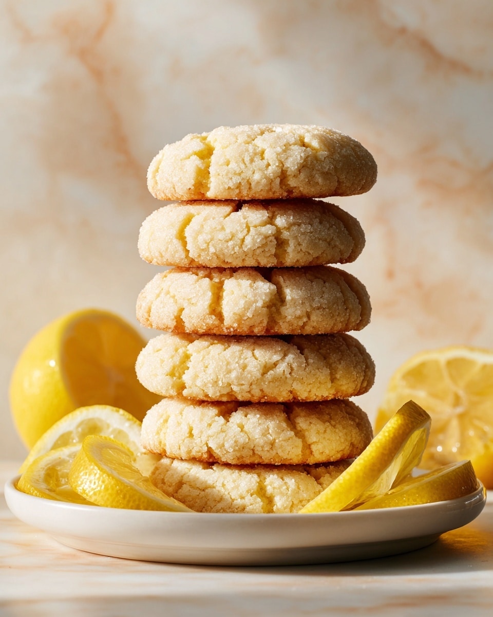 A stack of seven soft lemon cookies with a cracked surface and light yellow spots sits on a white plate on a white marbled surface. A few lemon slices are placed around the base of the cookie stack, adding fresh yellow color. One cookie leans against the stack, showing its soft texture and light, crumbly edges. The warm brown background contrasts with the light colors of the cookies and plate. Photo taken with an iphone --ar 4:5 --v 7