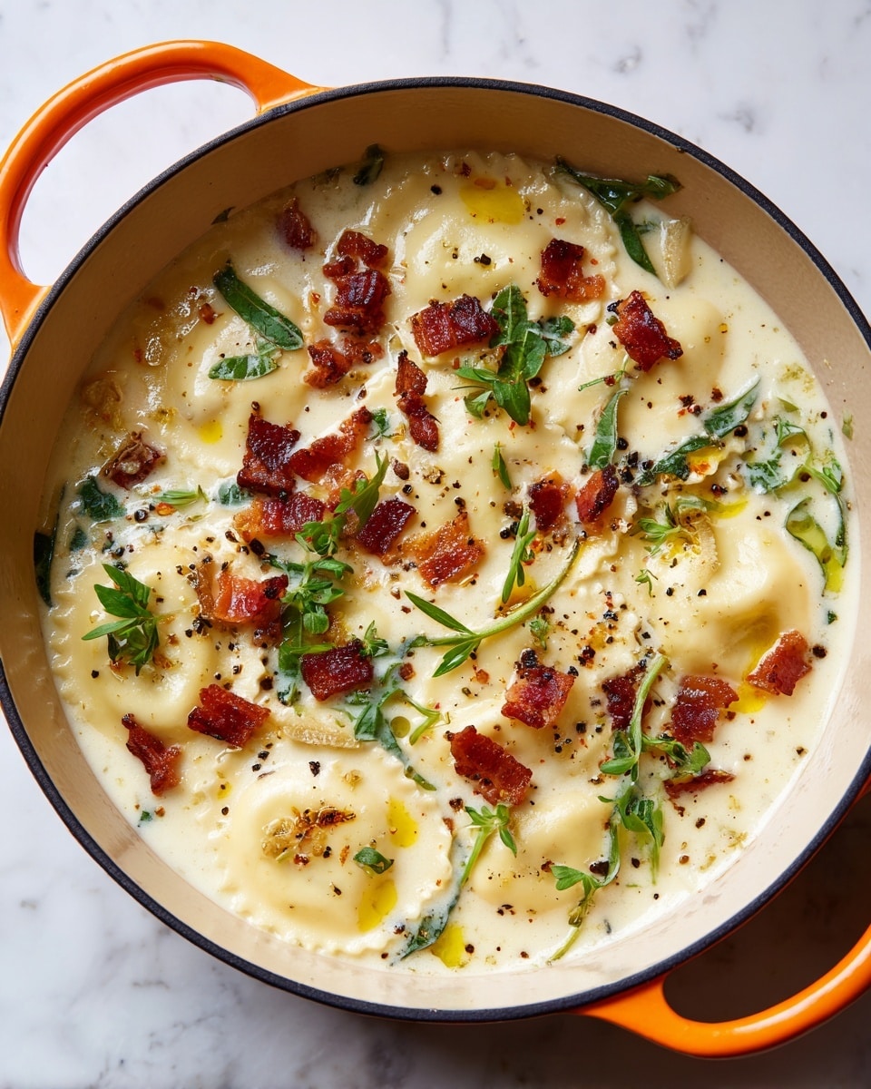 A white pot filled with a creamy white soup that has several large ravioli floating in it. The ravioli are pale yellow with smooth, soft edges. On top of the ravioli, there are small, crispy pieces of reddish-brown bacon scattered around. Green leafy herbs add color and texture in small clumps among the ravioli and bacon. Tiny black pepper specks are sprinkled over the dish, and a light drizzle of olive oil creates small greenish-yellow spots on the soup surface. The pot has orange handles and sits on a white marbled surface. Photo taken with an iphone --ar 4:5 --v 7