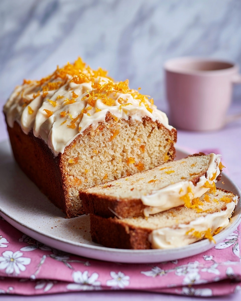 A sliced loaf cake on a white plate with a soft, crumbly texture showing orange pieces within the light beige cake. The top layer is covered in creamy white frosting, sprinkled with small orange candy pieces. The plate rests on a pink cloth with white floral patterns, all set against a white marbled texture. Photo taken with an iphone --ar 4:5 --v 7