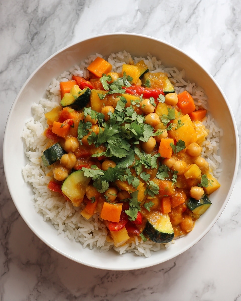 A white bowl filled with two layers: the bottom layer is white rice with fluffy, well-separated grains filling half the bowl, and the top layer is a thick chickpea curry with a mix of chunky vegetables including orange carrots, green zucchini, and yellow potatoes in a golden, slightly oily sauce. The curry is garnished with fresh, bright green cilantro leaves scattered on top. The bowl rests on a wooden surface. photo taken with an iphone --ar 4:5 --v 7