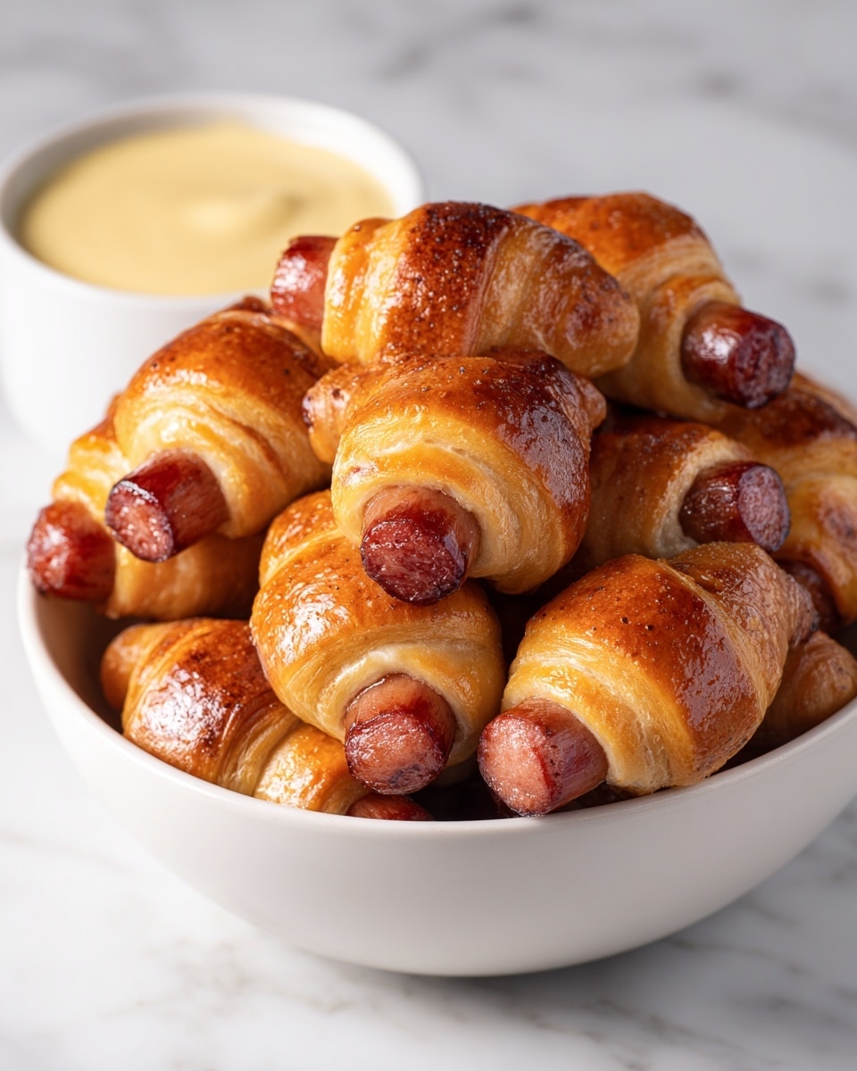 The image shows a pile of golden brown crescent roll pigs in a white bowl, each with a smooth, shiny, and slightly flaky texture, wrapped around small, reddish-brown sausages, with the sausage ends peeking out from both sides. The rolls have a warm, toasted color with darker spots where the dough is crispier. In the background, there is a small cup of creamy, light yellow dipping sauce sitting on a white marbled surface. Photo taken with an iphone --ar 4:5 --v 7