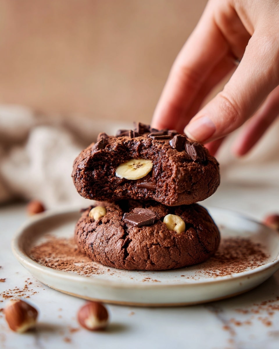 Two thick chocolate cookies stacked on a white plate, with the top cookie slightly split open to show a fresh banana slice and some hazelnuts inside. The cookies are dark brown with a soft, moist texture, sprinkled with small chocolate chunks on top. Around the plate, there are some scattered whole hazelnuts and a light dusting of cocoa powder on a white marbled surface. The background is softly blurred with warm tones, and a woman's hand is about to pick up the top cookie. Photo taken with an iphone --ar 4:5 --v 7