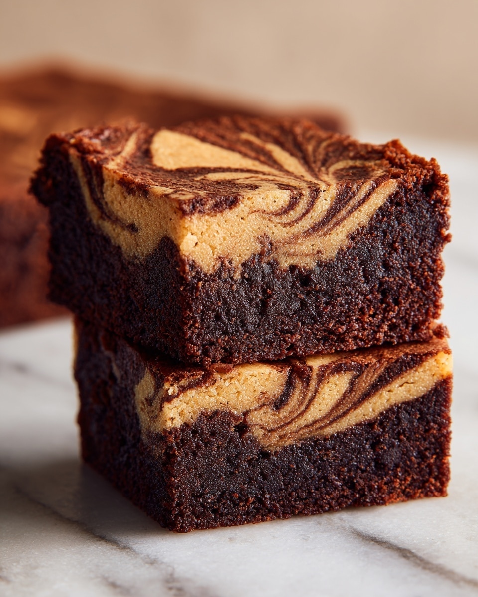 The image shows a cut piece of rich, dark brown chocolate brownie with a smooth, creamy light brown peanut butter swirl on top. The brownie appears dense and moist with a thick bottom layer, topped by a marbled layer where the peanut butter and chocolate mix in soft, wavy patterns. The brownies are cut into even squares and are placed close together on a white marbled surface. The texture of the peanut butter layer looks smooth, contrasting with the fudgy texture of the brownie base. photo taken with an iphone --ar 4:5 --v 7