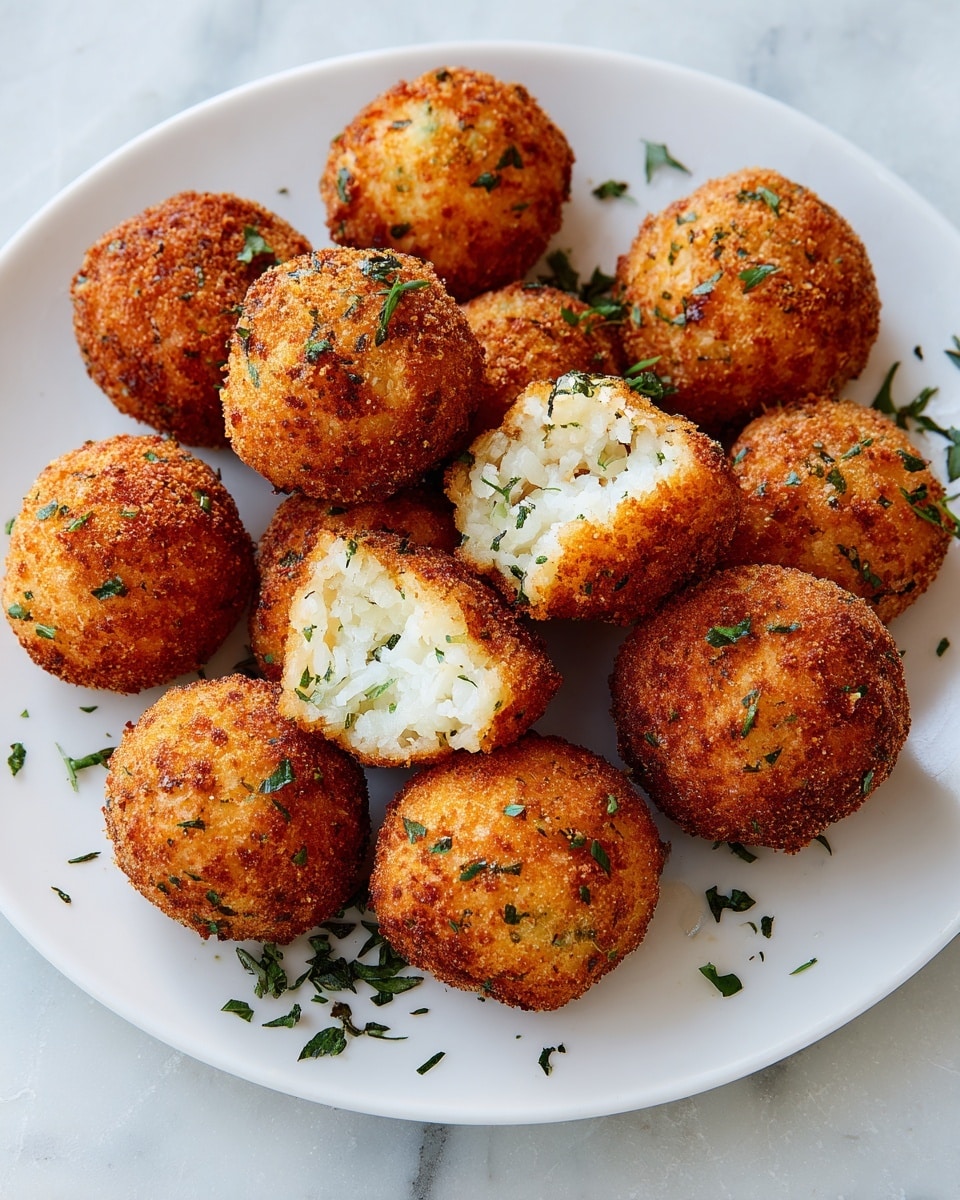 The image shows a white plate filled with round, golden-brown rice balls that have a crispy, browned outer layer. Each ball contains visible white rice grains mixed with green herbs, likely parsley, which are scattered inside and on top of the rice balls. The texture looks crunchy on the outside and soft inside, with one ball broken open to reveal the fluffy rice and herbs inside. There are small pieces of green herbs sprinkled around the plate as well. The plate is set on a white marbled surface. photo taken with an iphone --ar 4:5 --v 7