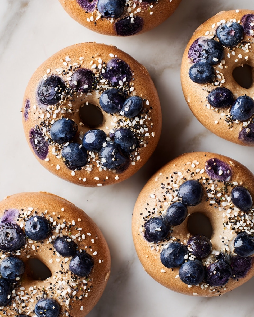Four round bagels with a light golden brown color and speckled texture are placed directly on a white marbled surface. Each bagel has a central hole and is topped with fresh, plump blueberries arranged in a circular pattern near the outer edge. Around the blueberries, small white sesame seeds and tiny black poppy seeds are sprinkled evenly, adding contrast and texture. The blueberries have slightly burst, leaving purple stains on the bagels’ smooth and shiny surface, suggesting they are baked into the dough. The close-up view highlights the soft, fluffy texture of the bagels and the fresh, juicy look of the berries. photo taken with an iphone --ar 4:5 --v 7