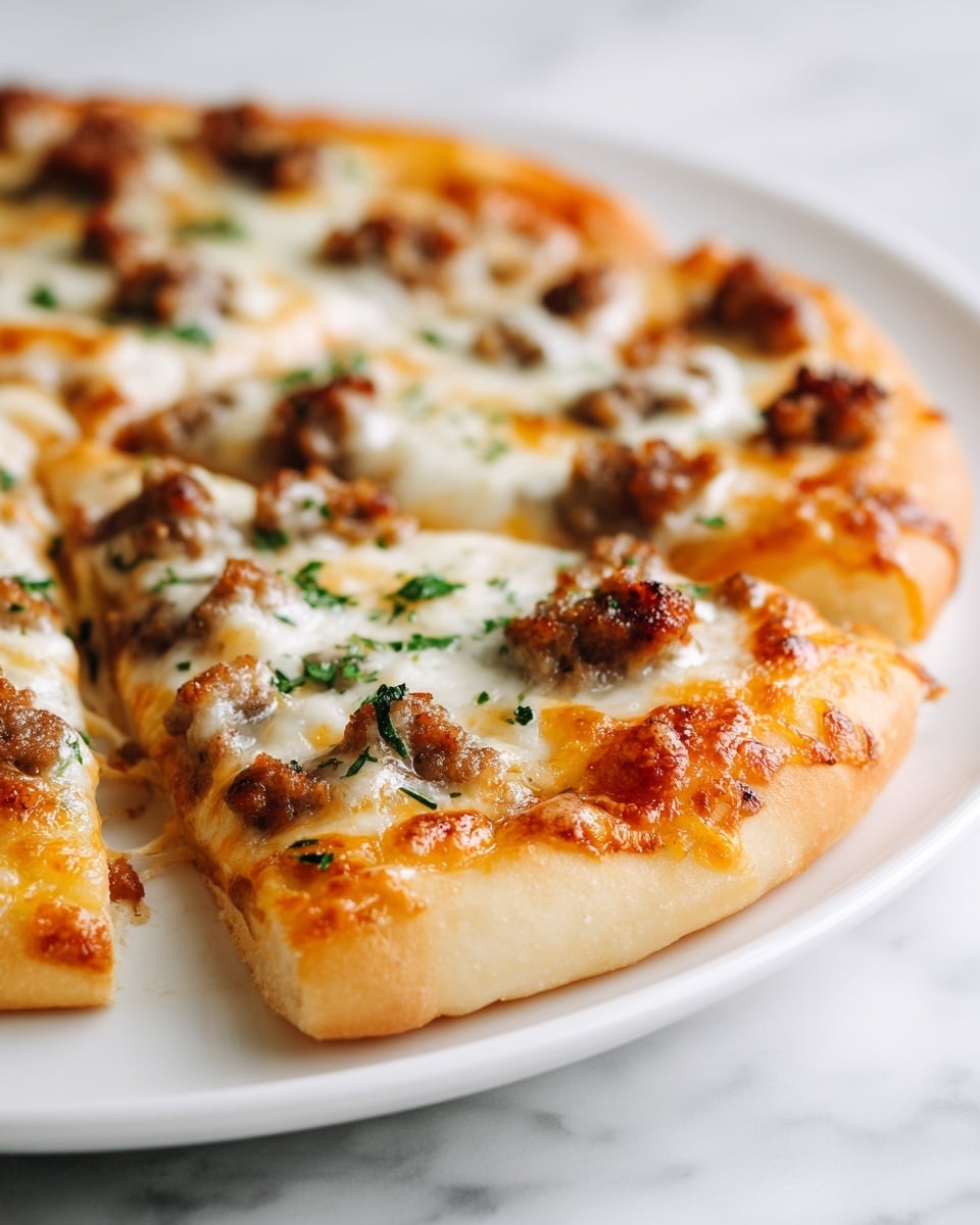 A small pizza on a white plate features three main layers: a thick, golden-brown crust forming the base and rising gently at the edges, a bubbly layer of melted white cheese with slight golden spots spread evenly over the crust, and scattered browned sausage pieces and small bits of green herbs on top. The texture of the crust looks soft and fluffy, while the cheese appears smooth and stretchy, with the sausage pieces looking juicy and slightly crispy around the edges. The scene is set against a white marbled surface, emphasizing the pizza's warm colors. photo taken with an iphone --ar 4:5 --v 7