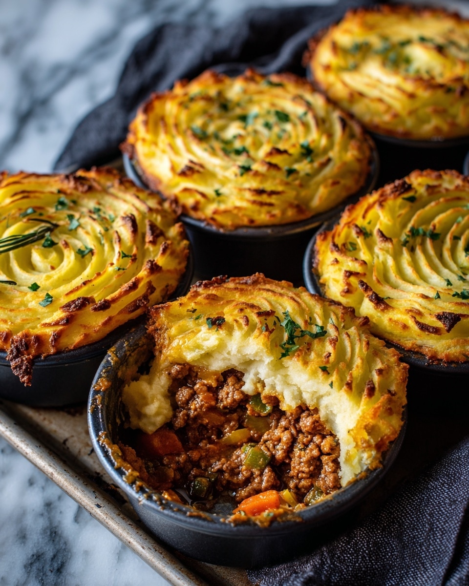 The image shows four savory mini pies in black metal molds. Each pie has two clear layers: a golden, slightly crispy top layer of mashed potatoes swirled into a light rose pattern with some fresh green herbs sprinkled on top, and a bottom layer of rich brown cooked ground meat mixed with bits of vegetables. One pie is cut open, exposing the thick, juicy meat filling and the smooth mashed potato topping above it. The pies sit on a white marbled surface with a dark cloth partially visible below the baking tray. Photo taken with an iphone --ar 4:5 --v 7