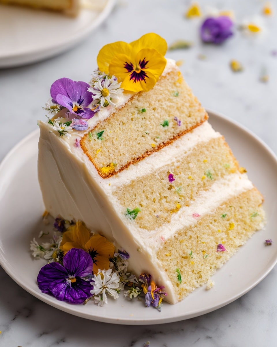 A slice of three-layer vanilla cake sits on a white plate, each layer separated by a creamy white frosting with small edible flower petals embedded in the middle layer of frosting. The top layer of the cake slice is smooth with white frosting and decorated with whole edible flowers in purple, yellow, and small white and yellow clusters. The sides show a soft, moist texture with evenly baked edges, and the entire scene rests on a white marbled surface. photo taken with an iphone --ar 4:5 --v 7
