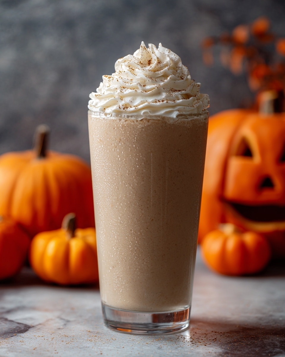 A tall clear glass filled with a creamy light brown milkshake sits on a white marbled surface, topped with a large swirl of white whipped cream sprinkled with cinnamon or nutmeg. In the background, there are two small orange pumpkins and a carved jack-o'-lantern, creating a cozy autumn feeling. The glass has a thick bottom and smooth texture, with condensation slightly visible at the base. Photo taken with an iphone --ar 4:5 --v 7