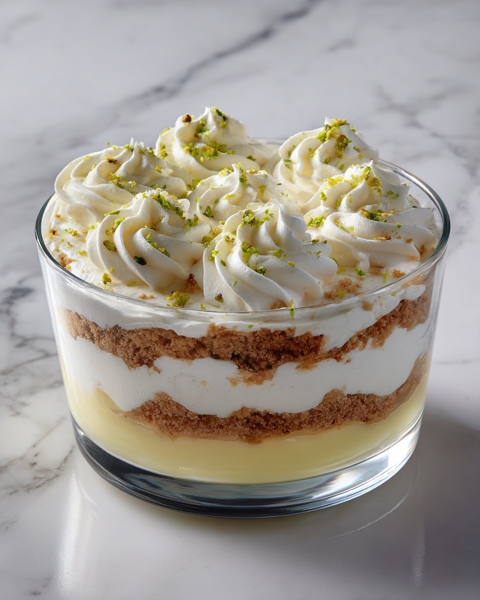 A clear glass bowl holds a layered dessert with four visible layers. The bottom layer is a smooth, pale green pudding spread evenly. Above that is a thick white creamy layer with a soft texture. Next, there is a layer of small, golden brown crumbly pieces covering the cream. The top layer has several large dollops of white whipped cream, each topped with more crumbs and small green zest strips scattered on top for decoration. The bowl sits on a white marbled surface. Photo taken with an iphone --ar 4:5 --v 7
