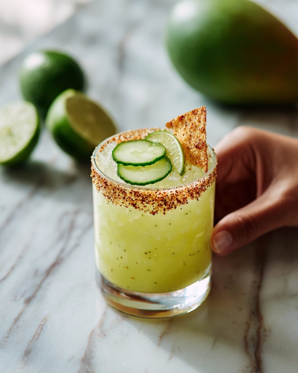 The image shows a clear glass filled with a yellow-green drink, with two thin round slices of cucumber placed inside the glass near the top. The drink has a layer of light brown spice or salt around the rim of the glass. On top, there is a crispy chip or garnish standing upright with a small slice of lime placed next to it. The glass is set on a white marbled surface with a cut lime and a green mango in the background. A woman's hand is reaching towards the glass from the right side. Photo taken with an iphone --ar 4:5 --v 7