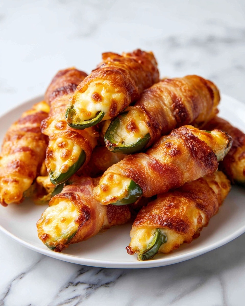 The image shows a white plate filled with several golden-brown, crispy jalapeño poppers wrapped in melted cheese. Each popper has one visible green jalapeño slice at the end or middle, with the cheese bubbling and lightly browned, giving a crunchy texture. The cheese is wrapped tightly around the jalapeños in a spiral shape, with some parts showing darker toasted spots. The plate is set on a white marbled texture surface, and the focus is on the poppers stacked in a slightly messy pile. photo taken with an iphone --ar 4:5 --v 7
