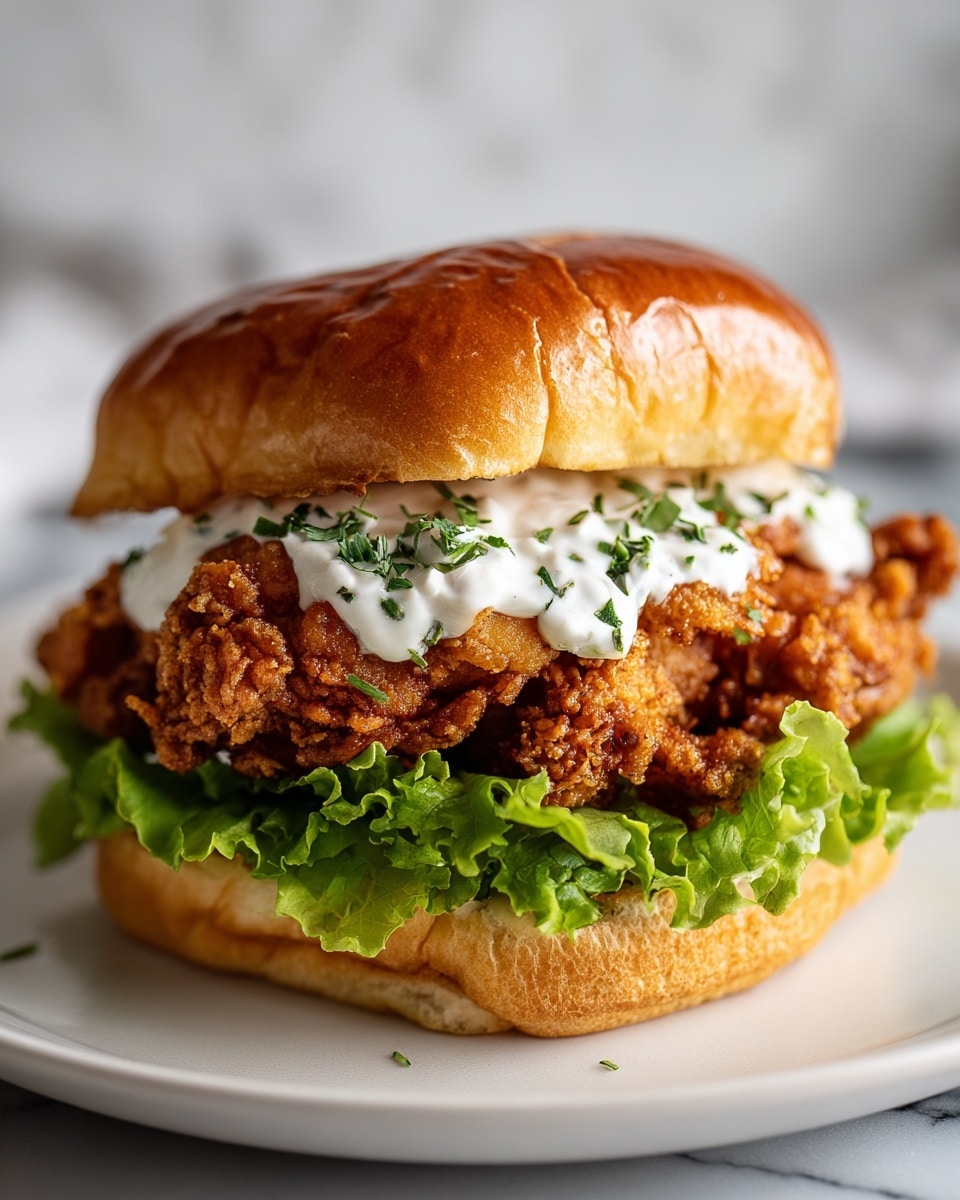 A close-up of a crispy chicken sandwich on a soft, golden-brown bun with a shiny top. The sandwich has a thick layer of crunchy fried chicken with a golden crust, sitting on bright green lettuce leaves that peek out from the sides. On top of the chicken, there is a white creamy sauce sprinkled with small green herbs. The sandwich is placed on a white plate on a white marbled surface, and a woman's hand is holding the side of the bun. photo taken with an iphone --ar 4:5 --v 7