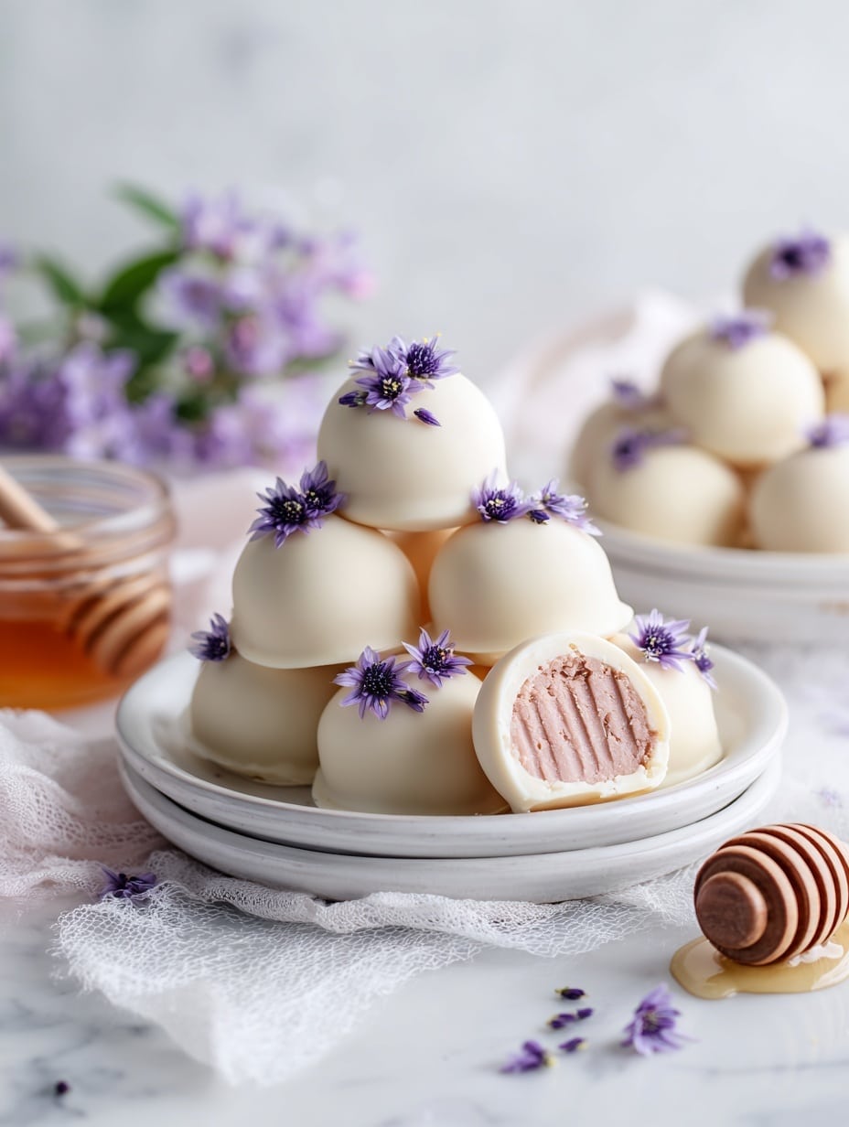 A stack of round truffles covered in smooth white chocolate sits on two white plates, each truffle decorated with small purple flower petals on top. One truffle is cut in half, showing soft, pale pink filling with a ridged texture inside. The plates rest on a white gauzy cloth over a white marbled surface, with a small sprig of purple flowers and a wooden honey dipper casually placed nearby. The background is bright and softly blurred, enhancing the delicate and clean look of the sweets. Photo taken with an iphone --ar 4:5 --v 7