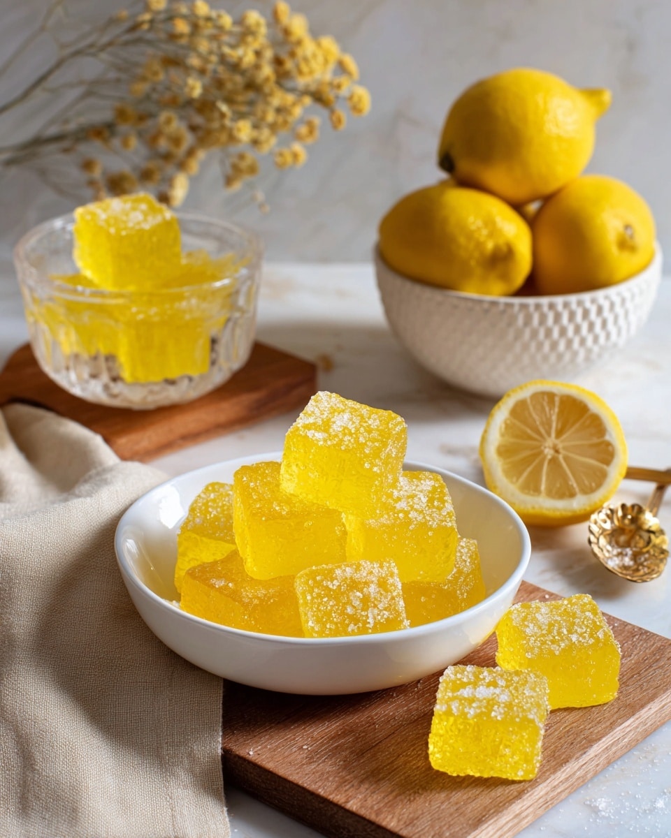 A white bowl filled with six translucent yellow jelly cubes sprinkled lightly with sugar sits on a beige cloth napkin, which is placed on a wooden board. Behind, on a white marbled surface, there is a clear glass bowl with more yellow jelly cubes, and to the right, a white textured bowl contains whole and halved bright yellow lemons. A halved lemon rests on a small wooden cutting board next to a small spoon and dried flower decoration. Soft natural light brightens the scene gently, highlighting the glossy texture of the jelly and the fresh lemons. photo taken with an iphone --ar 4:5 --v 7